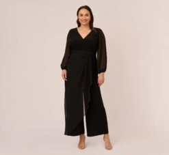 Adrianna Papell Plus Size Long Sleeve Jersey Jumpsuit With Chiffon Details In Black