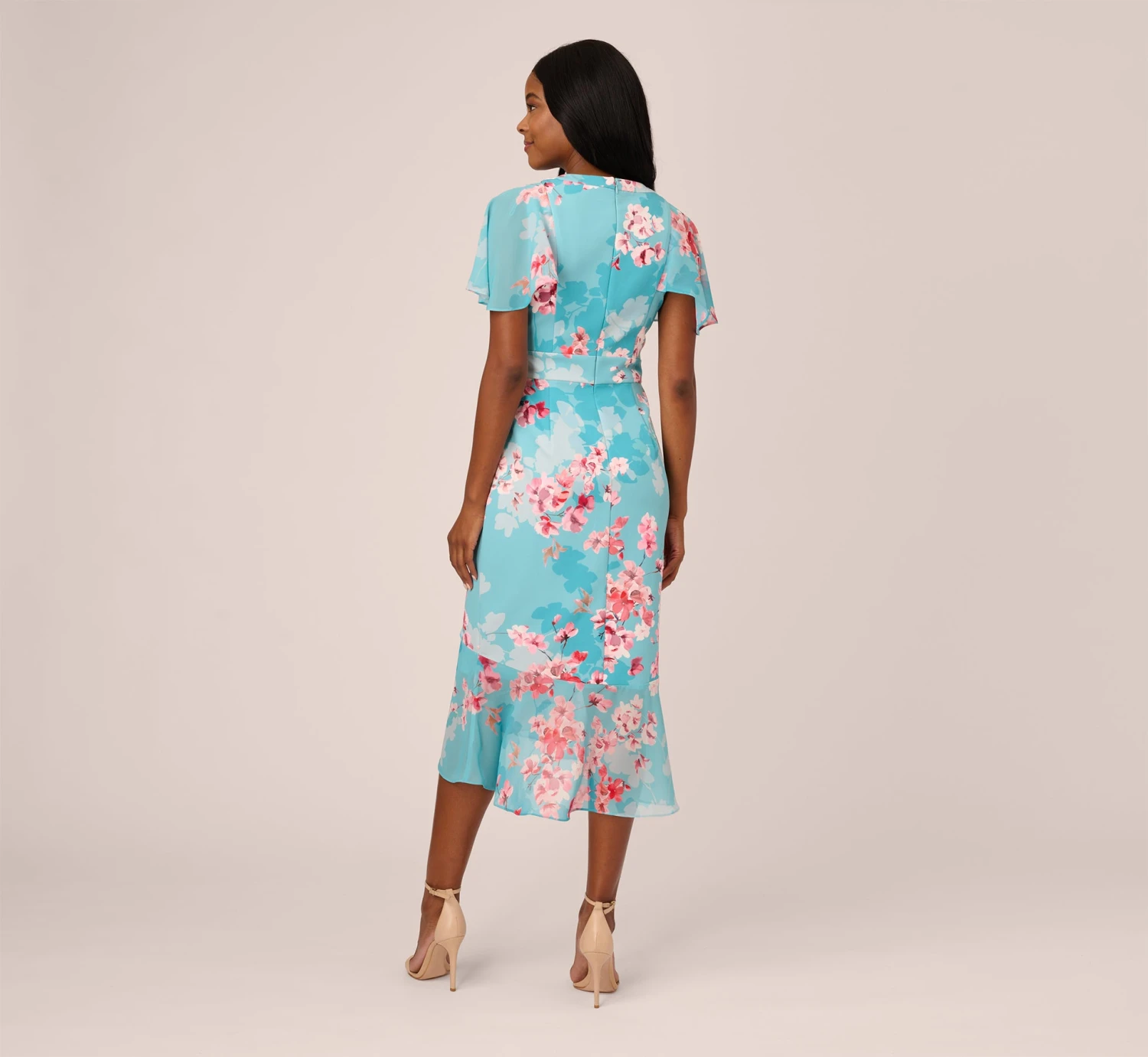 Adrianna Papell Floral Print Chiffon And Stretch Twill Midi-Length Mermaid Dress With Capelet In Aqua Multi 8 Adrianna Papell Floral Print Chiffon And Stretch Twill Midi-Length Mermaid Dress With Capelet In Aqua Multi - Image 6