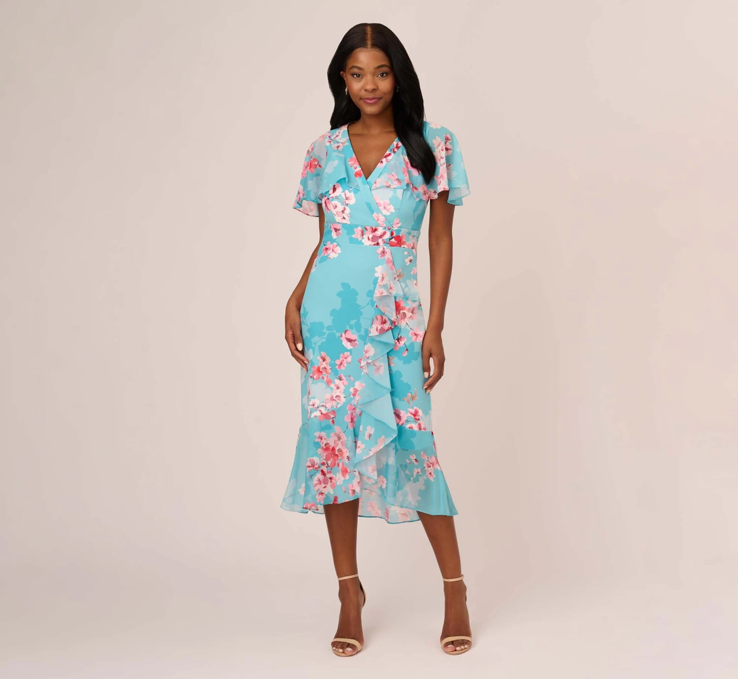 Adrianna Papell Floral Print Chiffon And Stretch Twill Midi-Length Mermaid Dress With Capelet In Aqua Multi 4 Adrianna Papell Floral Print Chiffon And Stretch Twill Midi-Length Mermaid Dress With Capelet In Aqua Multi - Image 2