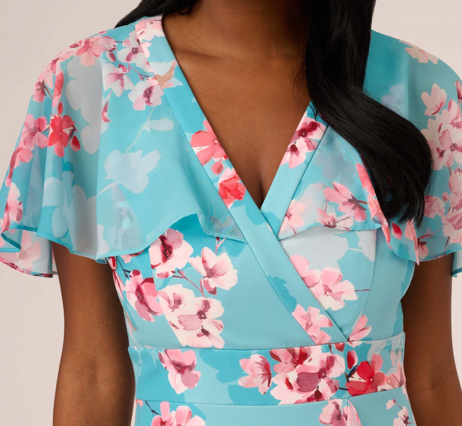 Adrianna Papell Floral Print Chiffon And Stretch Twill Midi-Length Mermaid Dress With Capelet In Aqua Multi 6 Adrianna Papell Floral Print Chiffon And Stretch Twill Midi-Length Mermaid Dress With Capelet In Aqua Multi - Image 4