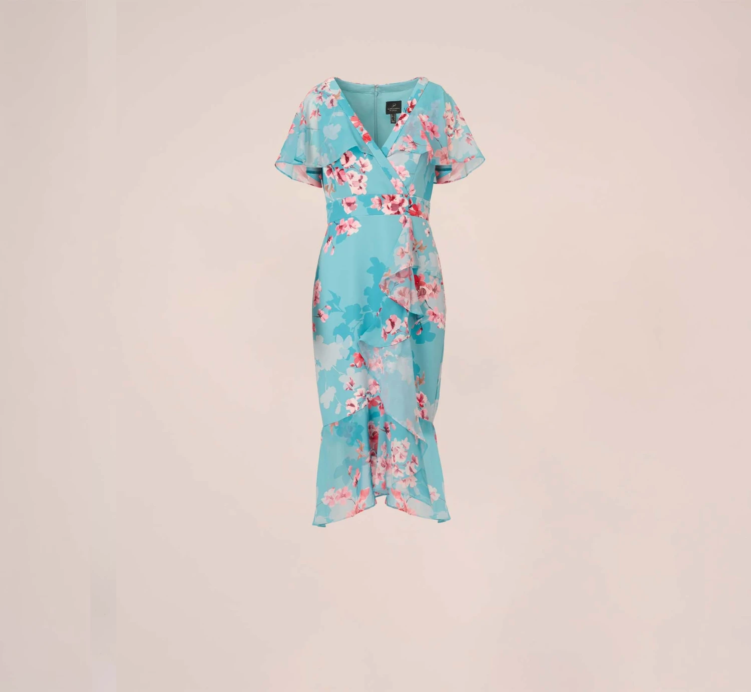 Adrianna Papell Floral Print Chiffon And Stretch Twill Midi-Length Mermaid Dress With Capelet In Aqua Multi 9 Adrianna Papell Floral Print Chiffon And Stretch Twill Midi-Length Mermaid Dress With Capelet In Aqua Multi - Image 7