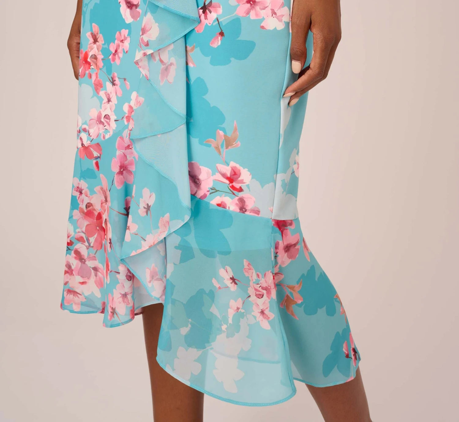 Adrianna Papell Floral Print Chiffon And Stretch Twill Midi-Length Mermaid Dress With Capelet In Aqua Multi 7 Adrianna Papell Floral Print Chiffon And Stretch Twill Midi-Length Mermaid Dress With Capelet In Aqua Multi - Image 5