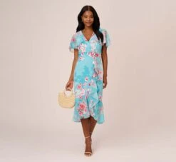 Adrianna Papell Floral Print Chiffon And Stretch Twill Midi-Length Mermaid Dress With Capelet In Aqua Multi