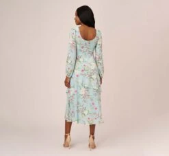 Adrianna Papell Floral Print Stretch Chiffon Tiered Ruffled Midi-Length Dress In Mint Smoke 12 Adrianna Papell Floral Print Stretch Chiffon Tiered Ruffled Midi-Length Dress In Mint Smoke -Adrianna Papell Shop AP1D104953 AH484 Regular Back