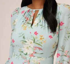 Adrianna Papell Floral Print Stretch Chiffon Tiered Ruffled Midi-Length Dress In Mint Smoke 11 Adrianna Papell Floral Print Stretch Chiffon Tiered Ruffled Midi-Length Dress In Mint Smoke -Adrianna Papell Shop AP1D104953 AH484 Regular Detail