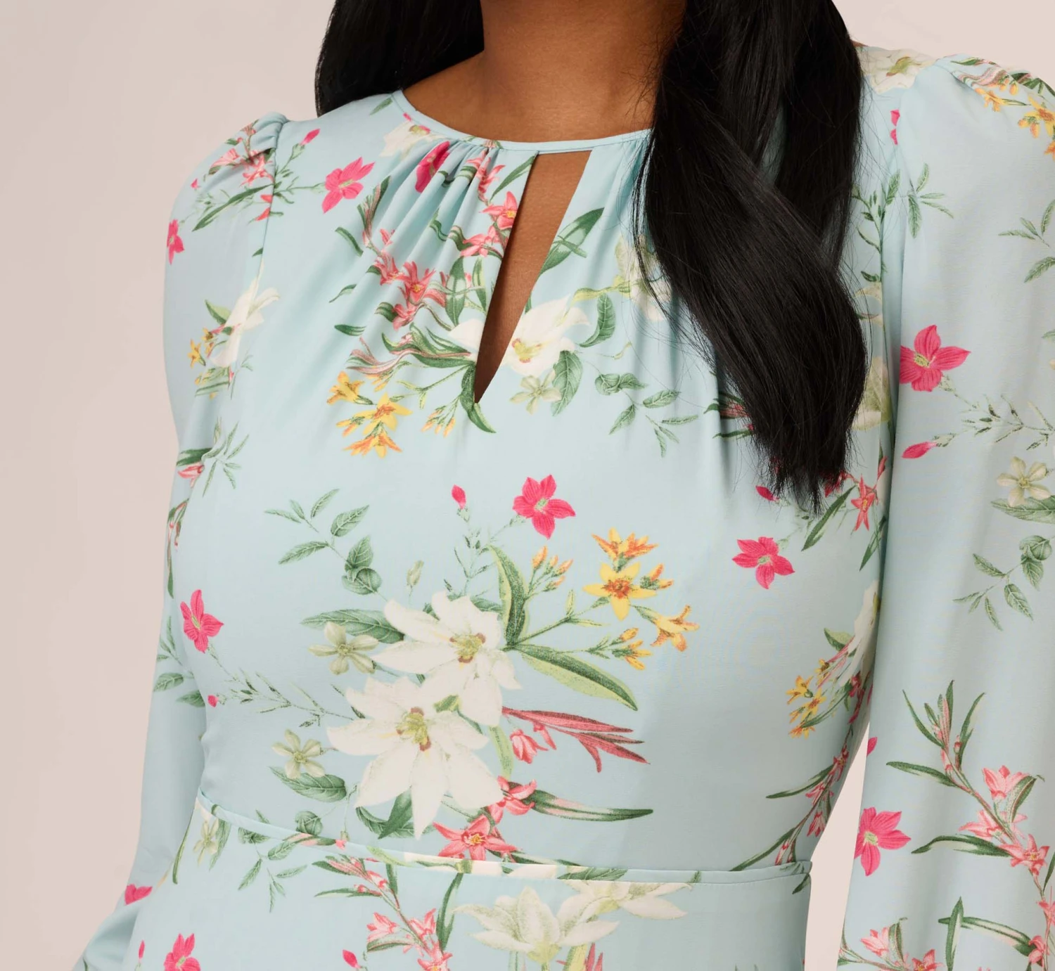 Adrianna Papell Floral Print Stretch Chiffon Tiered Ruffled Midi-Length Dress In Mint Smoke 5 Adrianna Papell Floral Print Stretch Chiffon Tiered Ruffled Midi-Length Dress In Mint Smoke - Image 3