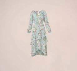 Adrianna Papell Floral Print Stretch Chiffon Tiered Ruffled Midi-Length Dress In Mint Smoke 15 Adrianna Papell Floral Print Stretch Chiffon Tiered Ruffled Midi-Length Dress In Mint Smoke -Adrianna Papell Shop AP1D104953 AH484 Regular Flat