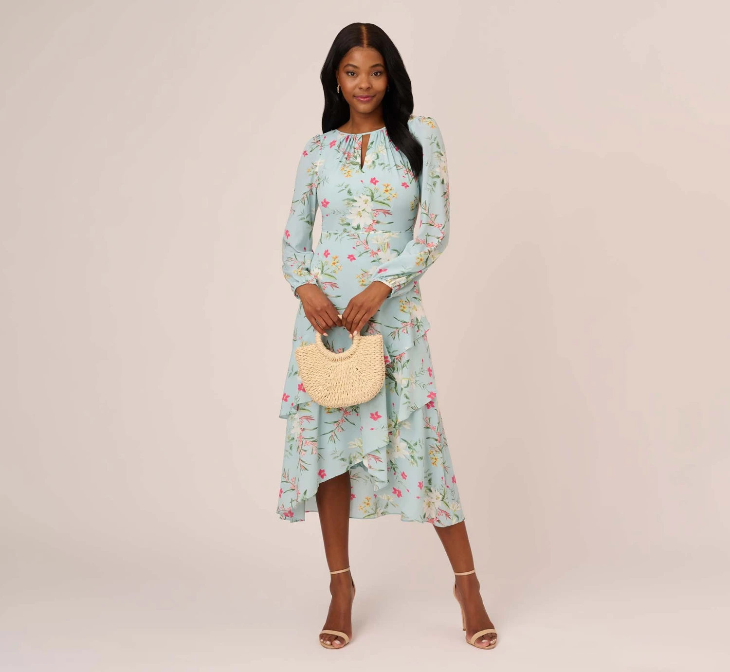 Adrianna Papell Floral Print Stretch Chiffon Tiered Ruffled Midi-Length Dress In Mint Smoke 3 Adrianna Papell Floral Print Stretch Chiffon Tiered Ruffled Midi-Length Dress In Mint Smoke