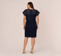 Adrianna Papell Plus Size Sequined Guipure Lace Popover Stretch Knit Crepe Short Sheath Dress In Navy -Adrianna Papell Shop AP1D104957 AC412 Plus Back