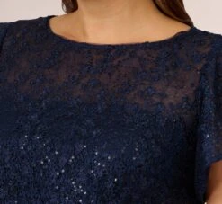 Adrianna Papell Plus Size Sequined Guipure Lace Popover Stretch Knit Crepe Short Sheath Dress In Navy -Adrianna Papell Shop AP1D104957 AC412 Plus Detail
