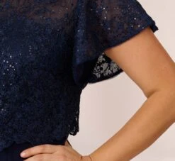 Adrianna Papell Plus Size Sequined Guipure Lace Popover Stretch Knit Crepe Short Sheath Dress In Navy -Adrianna Papell Shop AP1D104957 AC412 Plus Lifestyle