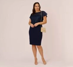 Adrianna Papell Plus Size Sequined Guipure Lace Popover Stretch Knit Crepe Short Sheath Dress In Navy -Adrianna Papell Shop AP1D104957 AC412 Plus Side