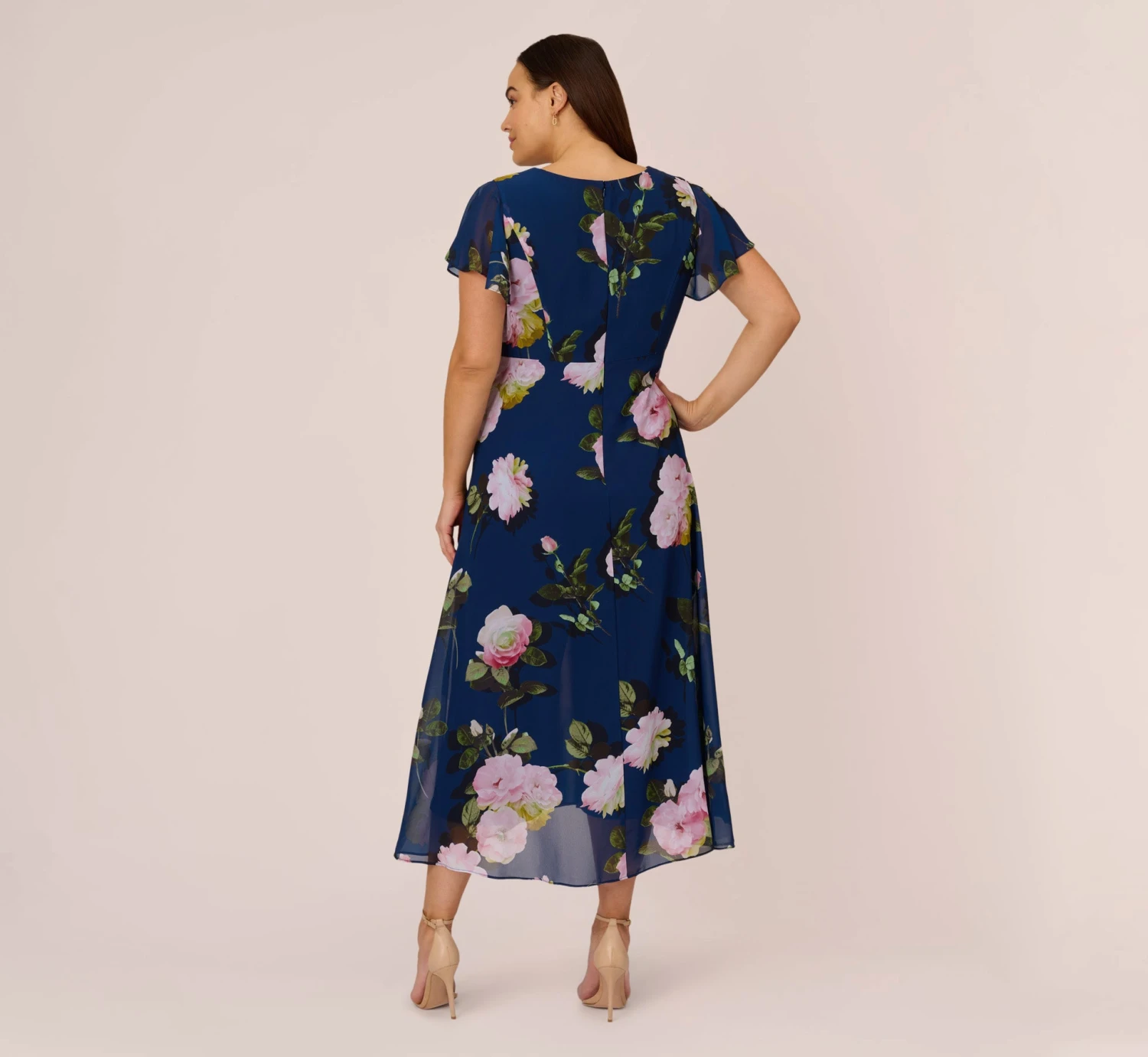 Adrianna Papell Plus Size Floral Print Chiffon Cropped Jumpsuit In Navy Multi 6 Adrianna Papell Plus Size Floral Print Chiffon Cropped Jumpsuit In Navy Multi - Image 4