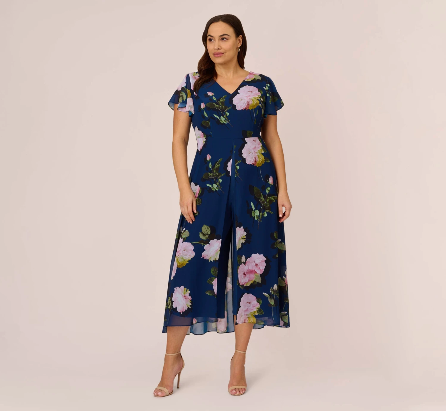Adrianna Papell Plus Size Floral Print Chiffon Cropped Jumpsuit In Navy Multi 3 Adrianna Papell Plus Size Floral Print Chiffon Cropped Jumpsuit In Navy Multi