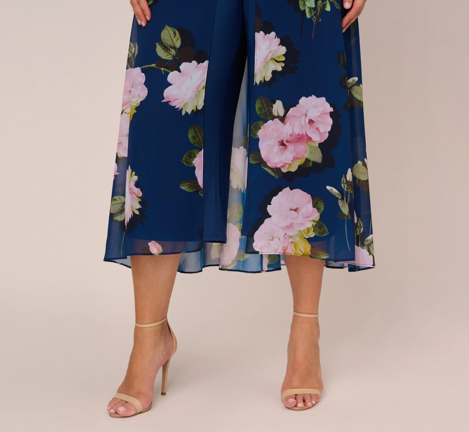 Adrianna Papell Plus Size Floral Print Chiffon Cropped Jumpsuit In Navy Multi 9 Adrianna Papell Plus Size Floral Print Chiffon Cropped Jumpsuit In Navy Multi - Image 7