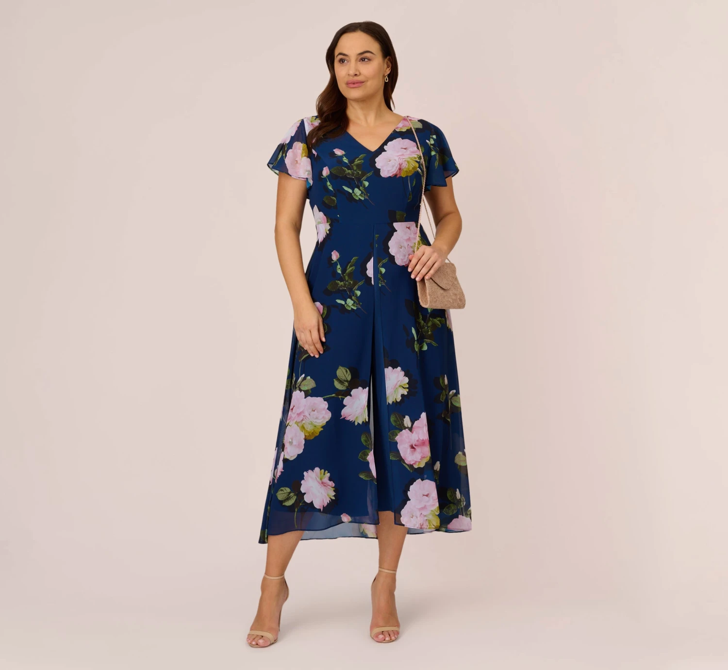 Adrianna Papell Plus Size Floral Print Chiffon Cropped Jumpsuit In Navy Multi 4 Adrianna Papell Plus Size Floral Print Chiffon Cropped Jumpsuit In Navy Multi - Image 2