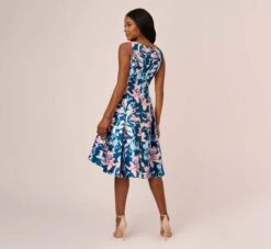 Adrianna Papell Floral Print Mikado Short High Low Fit-And-Flare Dress In Navy Multi -Adrianna Papell Shop AP1D104962 AA980 Regular Back
