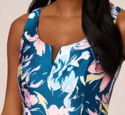 Adrianna Papell Floral Print Mikado Short High Low Fit-And-Flare Dress In Navy Multi -Adrianna Papell Shop AP1D104962 AA980 Regular Detail