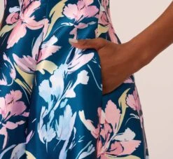 Adrianna Papell Floral Print Mikado Short High Low Fit-And-Flare Dress In Navy Multi -Adrianna Papell Shop AP1D104962 AA980 Regular Lifestyle