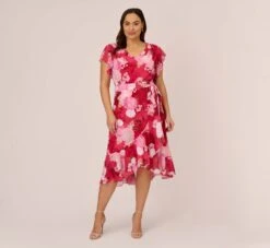 Adrianna Papell Plus Size Floral Print Smocked Chiffon Short Dress In Pink Multi