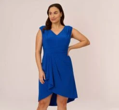Adrianna Papell Plus Size Stretch Matte Jersey Draped Asymmetrical Short Dress In Rich Royal