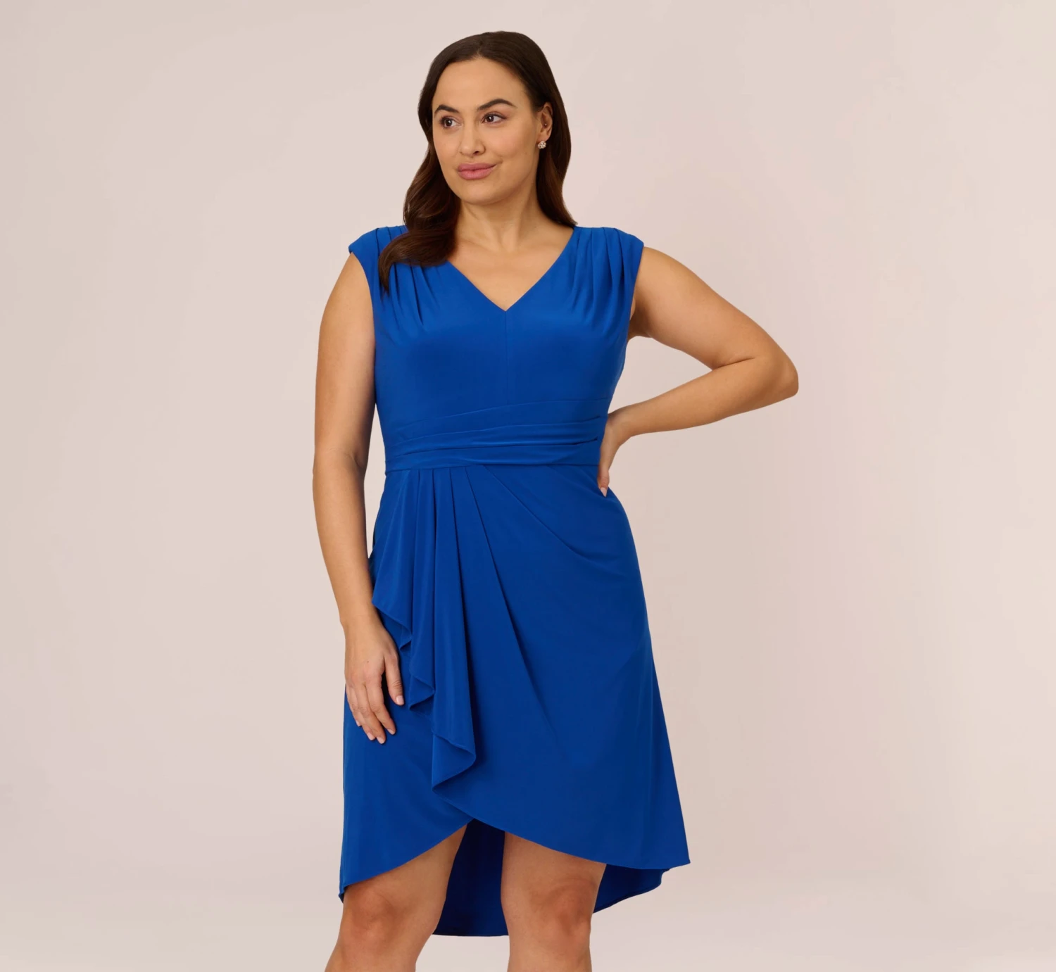 Adrianna Papell Plus Size Stretch Matte Jersey Draped Asymmetrical Short Dress In Rich Royal 3 Adrianna Papell Plus Size Stretch Matte Jersey Draped Asymmetrical Short Dress In Rich Royal