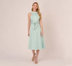 Adrianna Papell Satin Crepe Midi-Length Fit-And-Flare Halter Dress In Mint Smoke