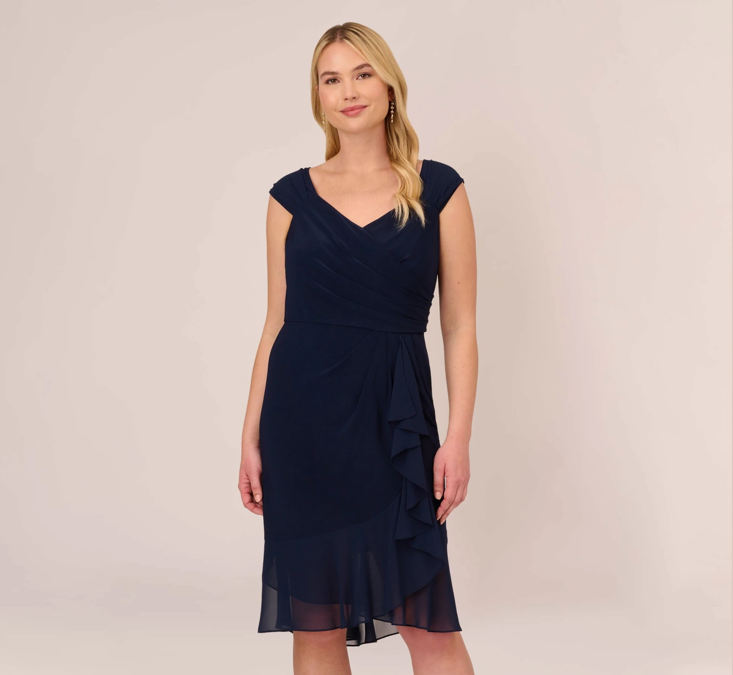 Adrianna Papell Plus Size Chiffon And Jersey Flounce Draped Dress With Pleated Details In Midnight 3 Adrianna Papell Plus Size Chiffon And Jersey Flounce Draped Dress With Pleated Details In Midnight