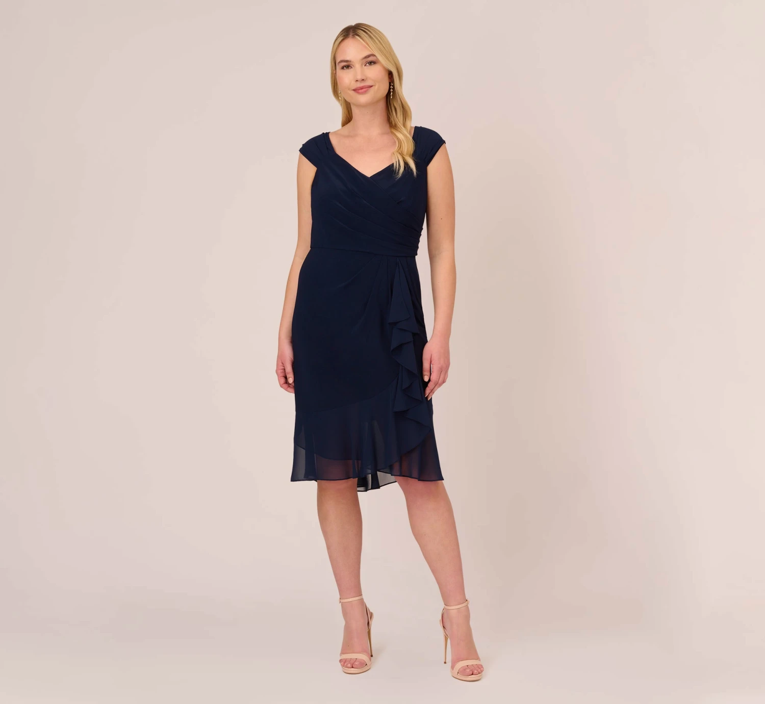 Adrianna Papell Plus Size Chiffon And Jersey Flounce Draped Dress With Pleated Details In Midnight 8 Adrianna Papell Plus Size Chiffon And Jersey Flounce Draped Dress With Pleated Details In Midnight - Image 6