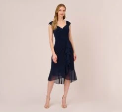 Adrianna Papell Chiffon And Jersey Flounce Draped Dress With Pleated Details In Midnight