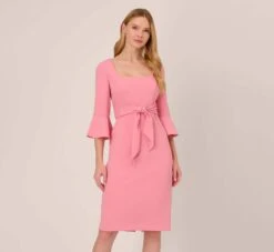 Adrianna Papell Stretch Knit Crepe Tie-Front Midi-Length Sheath Dress In Faded Rose