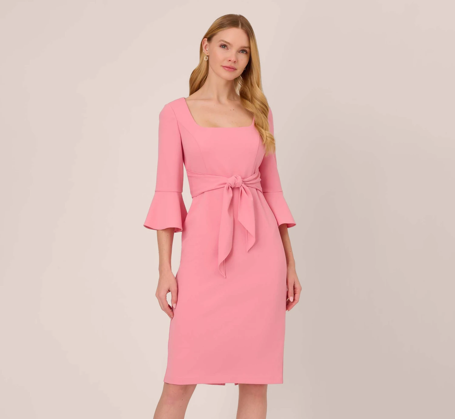 Adrianna Papell Stretch Knit Crepe Tie-Front Midi-Length Sheath Dress In Faded Rose 3 Adrianna Papell Stretch Knit Crepe Tie-Front Midi-Length Sheath Dress In Faded Rose