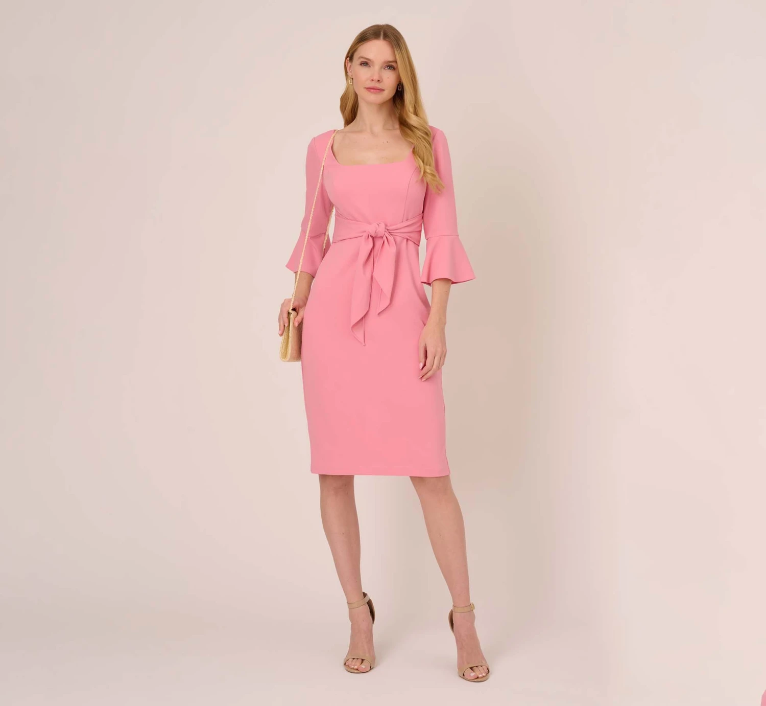 Adrianna Papell Stretch Knit Crepe Tie-Front Midi-Length Sheath Dress In Faded Rose 4 Adrianna Papell Stretch Knit Crepe Tie-Front Midi-Length Sheath Dress In Faded Rose - Image 2