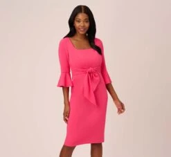 Adrianna Papell Stretch Knit Crepe Tie-Front Midi-Length Sheath Dress In Camellia