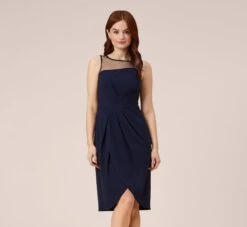 Adrianna Papell Stretch Knit Crepe Draped Illusion Short Faux Wrap Dress In Midnight