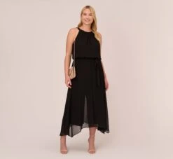 Adrianna Papell Plus Size Halter Jumpsuit With Chiffon Overlay Skirt In Black
