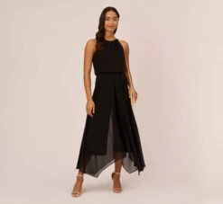 Adrianna Papell Halter Jumpsuit With Chiffon Overlay Skirt In Black