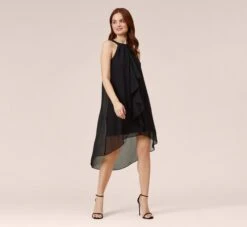 Adrianna Papell Chiffon And Stretch Jersey Short Pull On Dress With Ruffle In Black