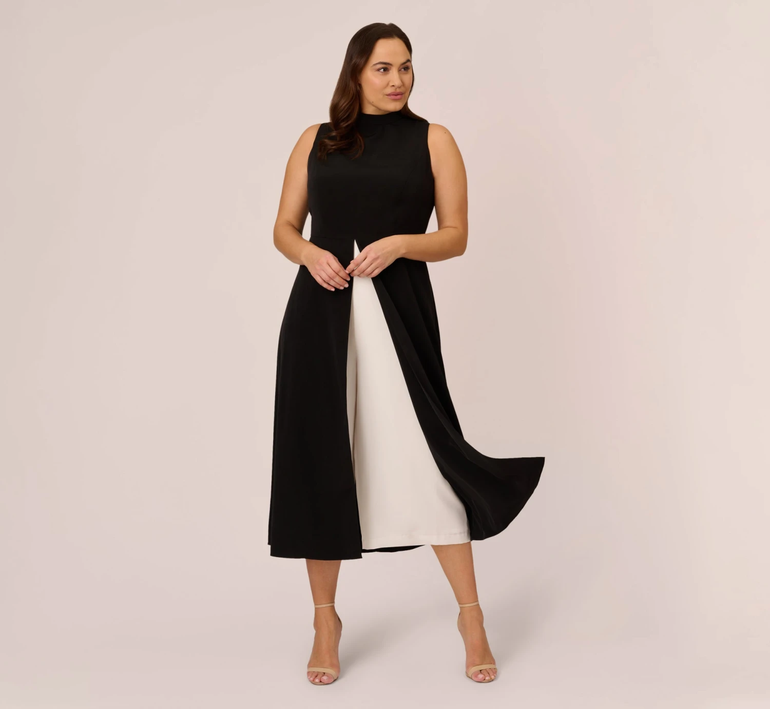 Adrianna Papell Plus Size Colorblock Matte Crepe Cropped Jumpsuit With Skirt Overlay In Black Ivory 3 Adrianna Papell Plus Size Colorblock Matte Crepe Cropped Jumpsuit With Skirt Overlay In Black Ivory