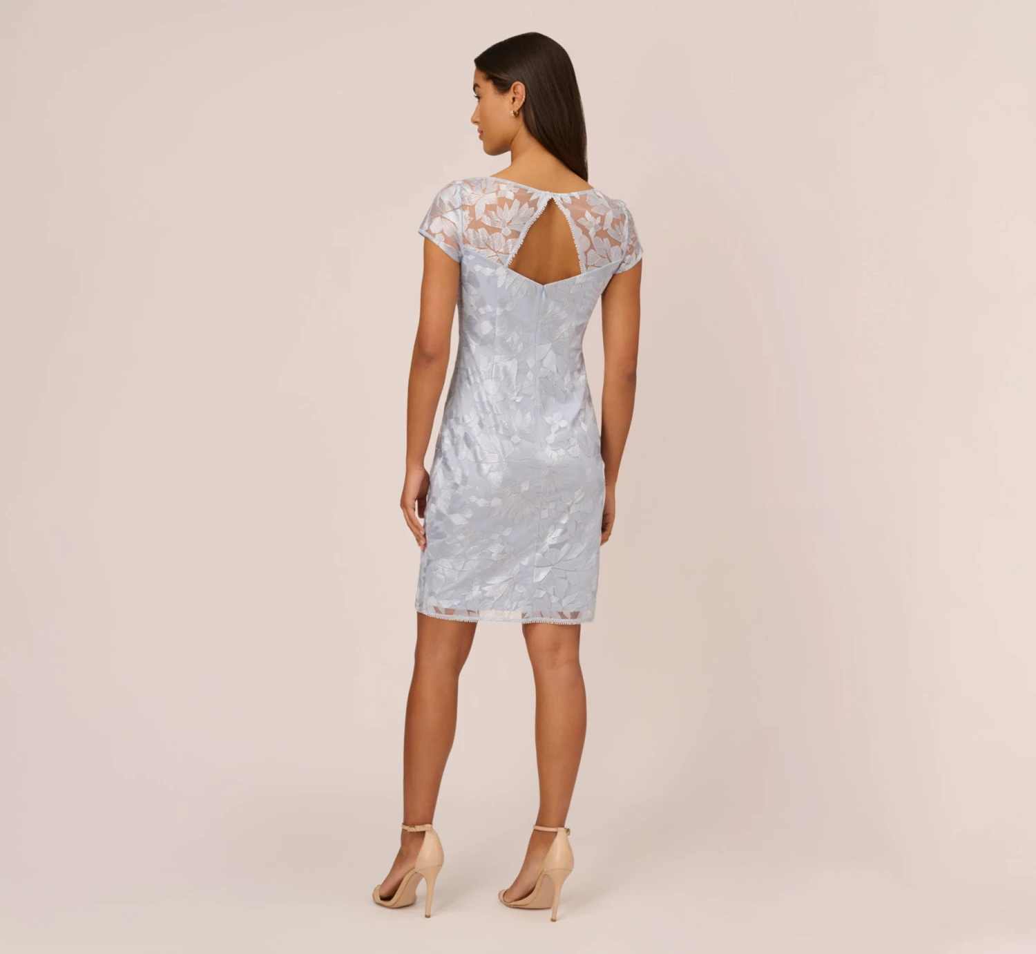 Adrianna Papell Floral Embroidered Sheath Dress With Short Sleeves In Blue Breeze 6 Adrianna Papell Floral Embroidered Sheath Dress With Short Sleeves In Blue Breeze - Image 4
