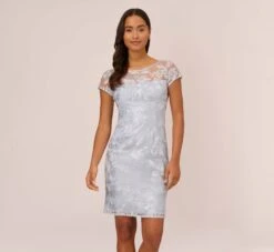Adrianna Papell Floral Embroidered Sheath Dress With Short Sleeves In Blue Breeze