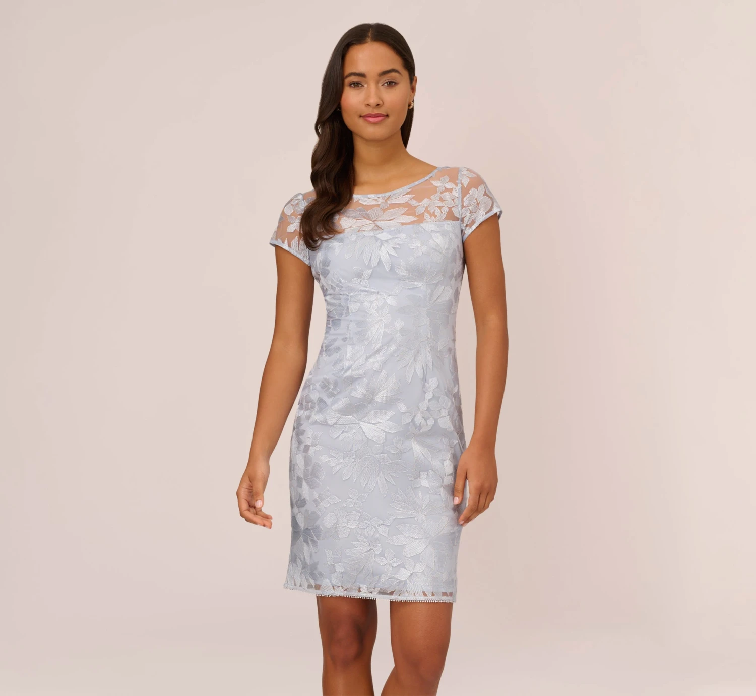Adrianna Papell Floral Embroidered Sheath Dress With Short Sleeves In Blue Breeze 3 Adrianna Papell Floral Embroidered Sheath Dress With Short Sleeves In Blue Breeze