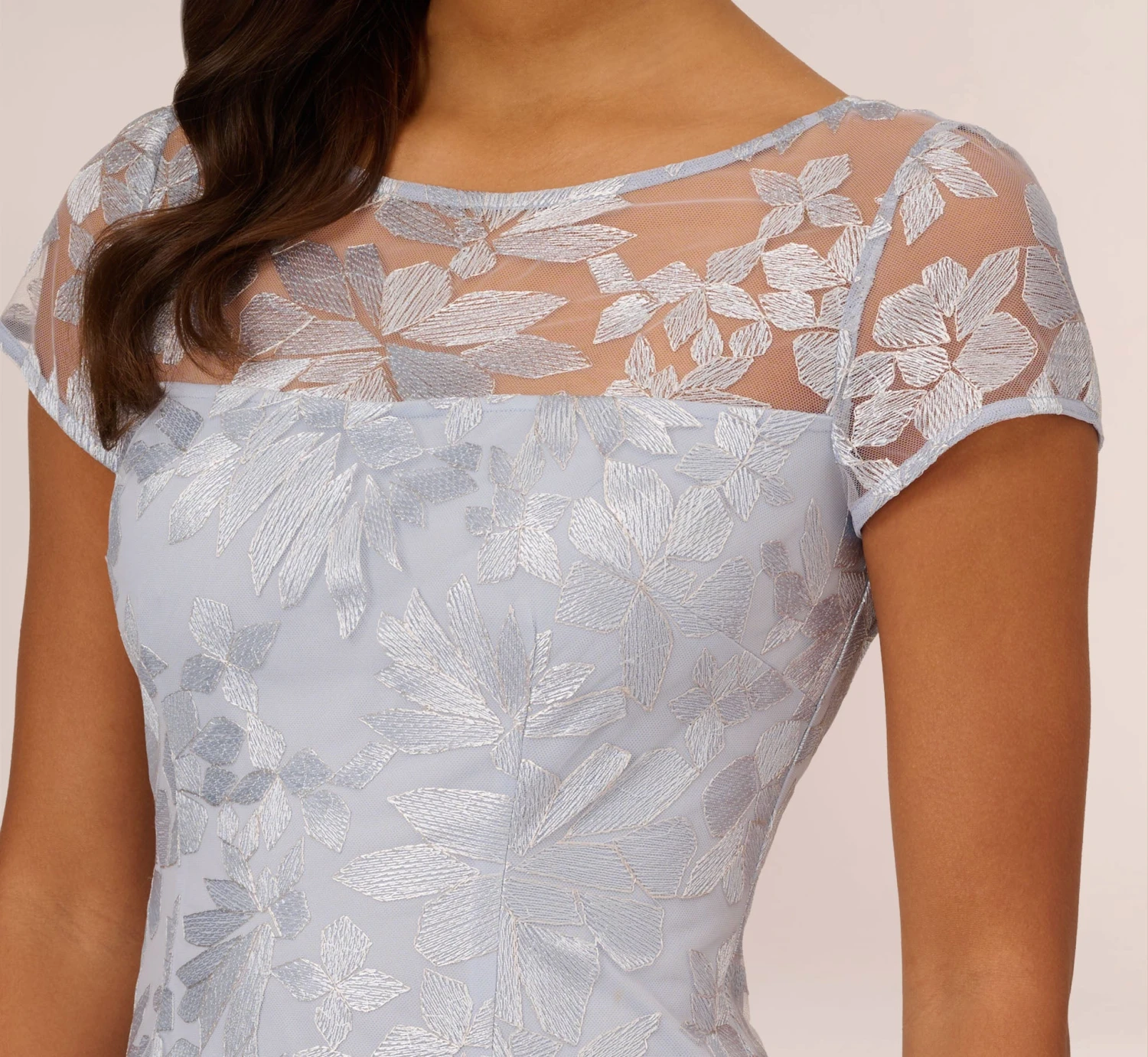 Adrianna Papell Floral Embroidered Sheath Dress With Short Sleeves In Blue Breeze 5 Adrianna Papell Floral Embroidered Sheath Dress With Short Sleeves In Blue Breeze - Image 3