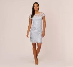 Adrianna Papell Floral Embroidered Sheath Dress With Short Sleeves In Blue Breeze 15 Adrianna Papell Floral Embroidered Sheath Dress With Short Sleeves In Blue Breeze -Adrianna Papell Shop AP1D104993 AD497 Regular Front