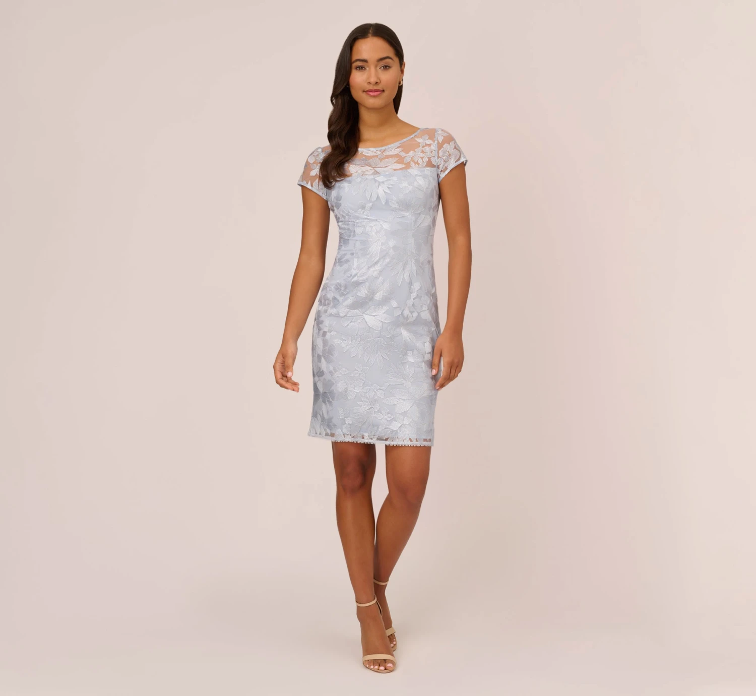 Adrianna Papell Floral Embroidered Sheath Dress With Short Sleeves In Blue Breeze 9 Adrianna Papell Floral Embroidered Sheath Dress With Short Sleeves In Blue Breeze - Image 7