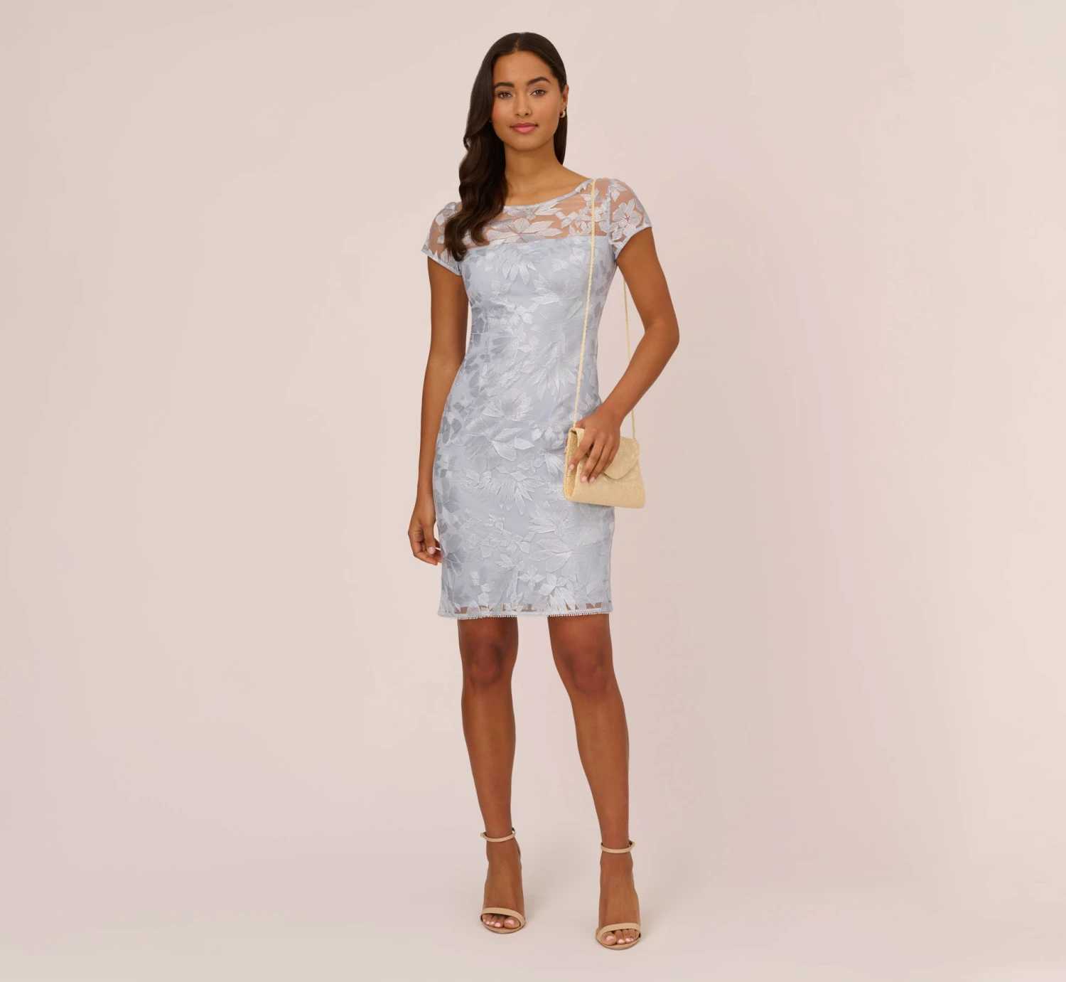 Adrianna Papell Floral Embroidered Sheath Dress With Short Sleeves In Blue Breeze 4 Adrianna Papell Floral Embroidered Sheath Dress With Short Sleeves In Blue Breeze - Image 2