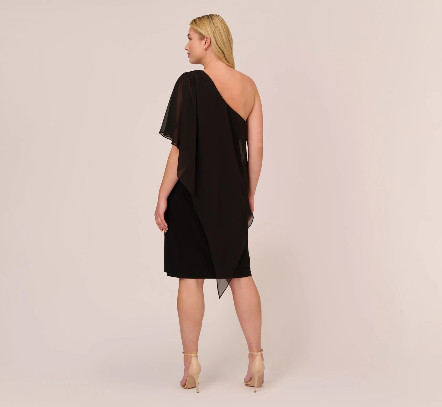 Adrianna Papell Plus Size One Shoulder Dress With Chiffon Cape In Black 6 Adrianna Papell Plus Size One Shoulder Dress With Chiffon Cape In Black - Image 4