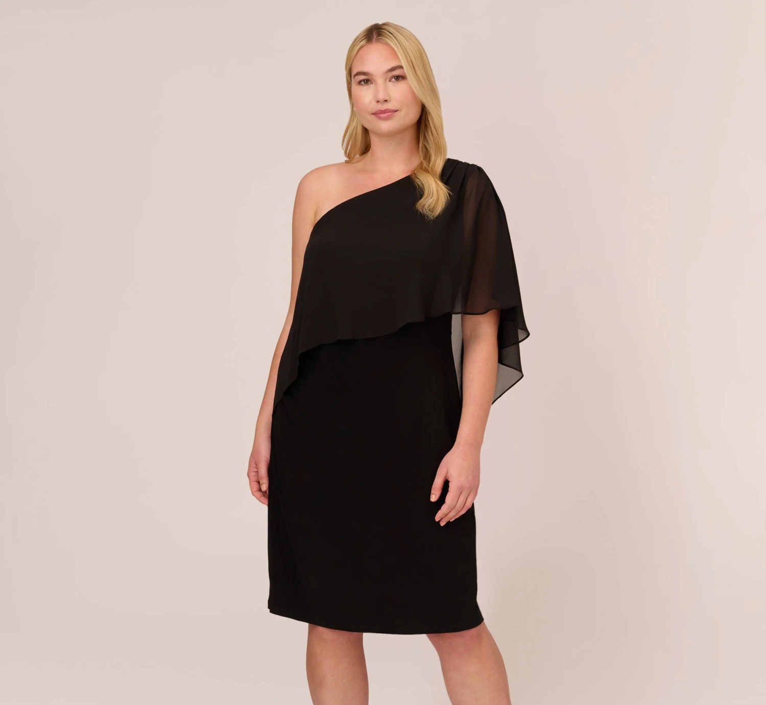 Adrianna Papell Plus Size One Shoulder Dress With Chiffon Cape In Black 3 Adrianna Papell Plus Size One Shoulder Dress With Chiffon Cape In Black