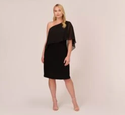 Adrianna Papell Plus Size One Shoulder Dress With Chiffon Cape In Black 15 Adrianna Papell Plus Size One Shoulder Dress With Chiffon Cape In Black -Adrianna Papell Shop AP1D104997 AA002 Plus Front