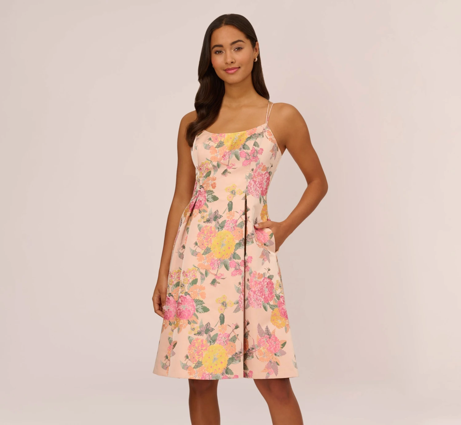 Adrianna Papell Floral Jacquard Dress With Pleated Details In Rose Multi 3 Adrianna Papell Floral Jacquard Dress With Pleated Details In Rose Multi
